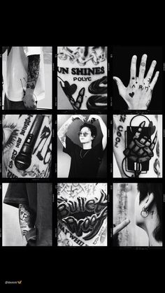 black and white photos with tattoos on their arms, hands and other things in them