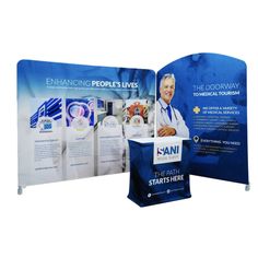 an exhibition display with blue and white graphics