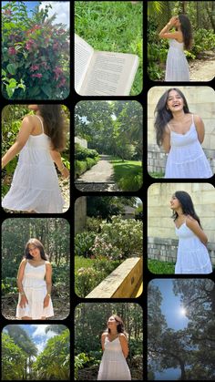 a collage of photos showing different women in white dresses