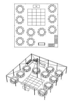 a drawing of an event room with tables and chairs, and a floor plan for the seating