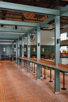 an empty room with benches and tables in it