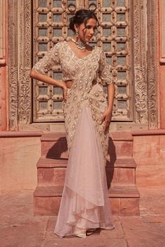 Beige Silk Embroidered Organza Pre-draped Ruffle Saree With Blouse Drape Sarees Designer, Drape Saree Designer, Leheriya Suit, Scalloped Fabric, Draped Saree Gown, Gown Saree, Saree Gowns