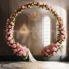 a wedding arch decorated with pink roses in front of a chandelier and window