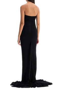 Crafted from soft, shiny viscose jersey, this maxi dress by Giuseppe di Morabito features a bandeau design adorned with draping and a removable gold metal shell brooch. The form-fitting silhouette is enhanced by a floor-length hemline with a godet motif on the back. It has an invisible zip closure and hook at the back. The model is 177 cm tall and wears an IT size 40. Composition: 100%VI Shell Brooch, Wide Leg Jeans Cropped, Herno Jacket, Leopard Print Blouse, Fall Coat, Invisible Zip, Women Maxi, Shop Maxi Dresses, Womens Maxi Dresses