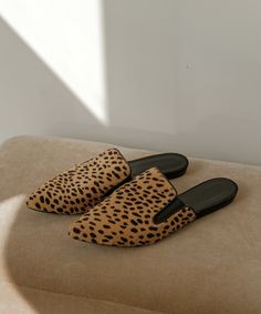 Pony Hair Mule Cheetah Cheetah - the new neutral. Sleek pointed toe that elongates the leg. Classic, wear-anywhere mule that will pull any outfit together. Made in Italy. Cheetah-print pony hair mules with lightly padded leather insole, elastic gussets at sides and a pointed toe. | Jenni Kayne Women's Pony Hair Mule Size 39 Black Leather Mules, Jenni Kayne, Suede Mules, Pony Hair, Gorgeous Shoes, Leather Mules, Calf Hair, Brown Fashion, Mules Shoes