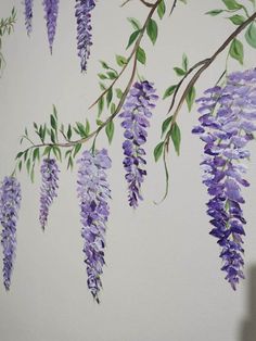 some purple flowers are hanging from a branch in front of a white wall with green leaves