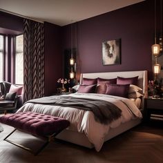 a bedroom with purple walls and white bedding, dark wood flooring on the side