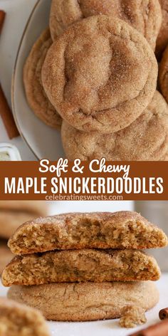 Overhead and front view of baked maple snickerdoodles stacked on a plate. Flavored Snickerdoodle Cookies, Maple Cookies Soft, Cookie Recipes Maple, Soft Cinnamon Cookies, Soft Maple Cookies, Cinnamon Maple Syrup Recipe, Ways To Use Maple Syrup, Cookies Recipes Fall, Spiced Maple Butter Cookies