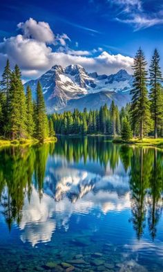 a lake surrounded by trees and mountains under a blue sky with clouds in the background