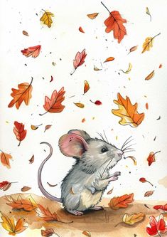 a painting of a mouse sitting on top of a leaf covered ground with autumn leaves