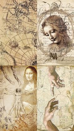 an artistic collage with many different pictures and words on it, including hands and other things