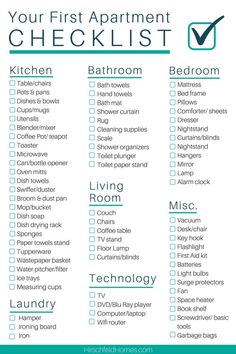 a checklist with the words, your first apartment checklist