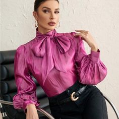 Super Cute And Stylish Ships In 5-10 Business Days Satin Blouses, Holiday Party Outfit, Bow Blouse, Women Blouses, Satin Blouse, Satin Top, Lantern Sleeve, Pink Blouse, Long Blouse