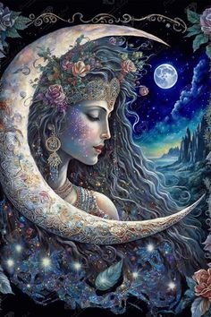 Diamond Painting Moon Goddess 22 x 33 (55.8cm x 83.7cm) / Square with 68 Colors including 4 ABs and 1 Fairy Dust Diamonds / 75,264 Moon Goddess Art, Art Cross Stitch, Painting Embroidery, Mosaic Pictures, Diy Artwork, Celestial Art, Goddess Art, Cross Paintings, Beautiful Moon