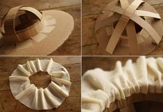 four different pictures showing how to make an origami sundae with paper and ribbon