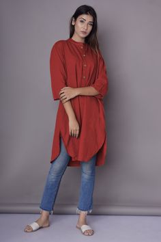 "Casual Shirt Dress for Women, Long Shirt, Apple cut shirt, Indian Kurta, Linen Washed Soft Shirt - Custom made by Modernmoveboutiique >DESCRIPTION< - loose and roomy. - apple cut - 3/4th sleeve - made from Linen blend. The fabric is of medium weight (185 g). - the model is 172 cm high (regular XS - S) and is wearing size S. - color in the picture - LAVA (Please choose any other color on the right). >COLOR< NOTE - The shirt is available in 25 colors. - We found out the fabric to be r Women Long Shirt, Shirt Dress For Women, Apple Cut, Indian Kurta, Cut Shirt, Cut Shirts, Long Shirt, Casual Shirt, Dress For Women