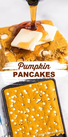 pumpkin pancakes with white chocolate and caramel syrup being drizzled over them