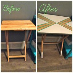 before and after photos of a small table made from an old sewing machine, with the top painted green