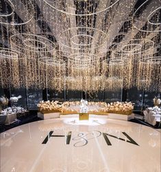 an elegant ballroom with chandeliers and tables set up for a formal function at night