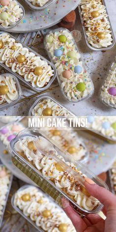 mini cake tins with sprinkles and confetti on them in plastic containers