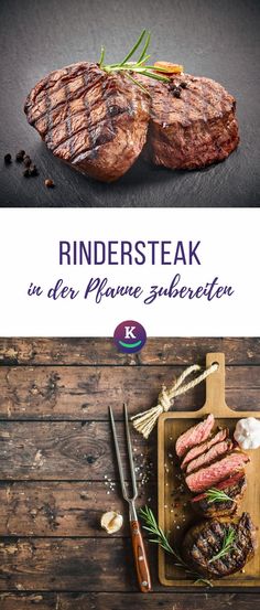 two steaks on a cutting board next to a knife and fork with the words rindersteak in german