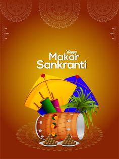 happy makar sanki greeting card with umbrellas and potted plant on the ground