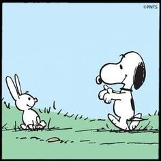 a cartoon strip with a dog and a rabbit in the grass looking at each other