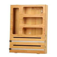 a wooden box with three compartments on the front and two drawers on the back in bamboo