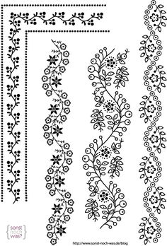 the embroidery pattern is shown in black and white, with small flowers on each side