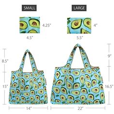 an avocado print bag is shown with measurements for the size and width of it