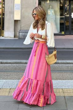 Multicolored High-Waist Lace-Up Geometric Pattern A-Line Layered Long Skirt Fabric: 95% polyester,5% spandex Weight: 0.73 lb Long Skirt Casual, Floral Print Midi Skirt, Nature Dress, Maxi Skirt Boho, Half Skirt, Holiday Wear, Printed Midi Skirt, Boho Maxi, Summer Skirts