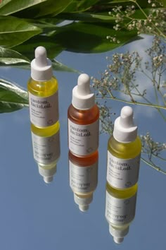 three bottles of liquid sitting on top of a table next to leaves and flowers in the background