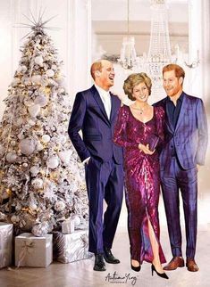 three people standing in front of a christmas tree