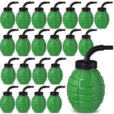 a set of green water bottles with black caps and nozzles on the top