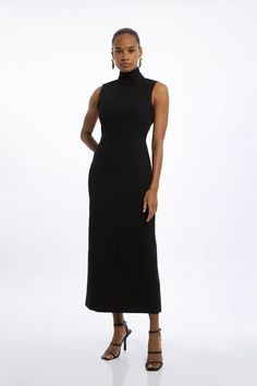 Feel Formal In Our Midi Dress, With Four Way Stretch Fabric, As Well As A Figure Hugging Fit And A Straight Skirt. The Formal, High Neckline Makes This Piece Perfect For Any Occasion, While The Low Back Design Offers An Unexpected Twist. Style It With Court Heels Or Sandals For A Look That Will Take You From Dinner Dates To Dressy Days Out. Compact Stretch High Neck Seamed Midi Dress High Quality Stretch Fabric Figure Hugging Bodice Flattering Straight Hanging Skirt Formal High Neckline Unique B Midi Black Dress High Neck, Sleek Black High Neck Midi Dress, Chic Stretch Halter Dress, Midi Length, Sleek Black High-neck Maxi Dress, Black Stretch A-line Midi Dress, Bride Jumpsuit, Petite Wedding Guest Dresses, Plus Size Workwear, Outfits Petite