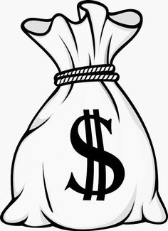 a black and white drawing of a bag with a dollar sign on the front side