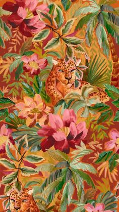 an image of a leopard and flowers on a wallpaper pattern in orange, pink, yellow and green colors