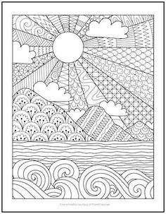 an adult coloring page with waves and clouds