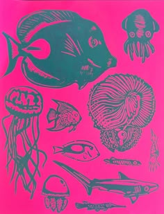 an image of various sea animals on a pink background with blue ink and black pen