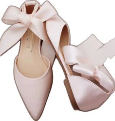 Spring Wedding Ballet Flats With Bow, Wedding Ballet Flats With Bow And Closed Toe, Feminine Almond Toe Party Flats, Feminine Almond Toe Flats For Party, Spring Wedding Slip-on Flats, Feminine Almond Toe Wedding Shoes For Spring, Flat Wedding Shoes For Bridal Shower In Spring, Pink Flat Heel Wedding Shoes For Formal Occasions, Formal Slip-on Wedding Shoes For Spring