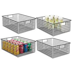 four metal baskets filled with drinks on top of a white background and one has cans in it