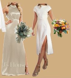 two bridesmaids in white dresses with flowers and bouquets on their feet, one holding the other's hand