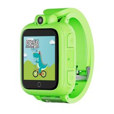 the children's watch is green and has a cartoon character on its display screen