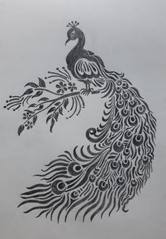 a black and white drawing of a peacock