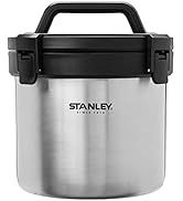 stainless steel lunch container with black lid and handle