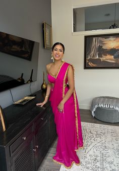 Dhoti Style Saree, Hot Pink Saree, Traditional Clothes, Pink Saree, Embroidered Blouse, British Indian, Indian Outfits, Saree Designs, Indian Fashion