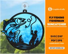 a glass ornament with a fish on it and the words fly fishing suncather