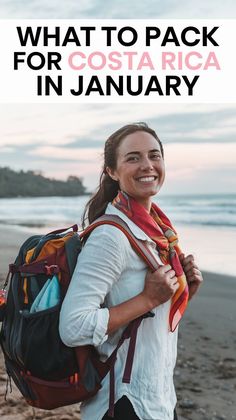 Female solo traveler in Costa Rica during the summer. She is standing on a beach with the ocean in the background. She is wearing a white shirt and a red and orange scarf. She is holding a backpack. The text on the image says "What to Pack for Costa Rica in January". Packing For Costa Rica, Pack For Costa Rica, Costa Rica Outfit, Costa Rica Packing List, Costa Rica Packing, January Outfits, Active Volcano, What To Pack, Packing List