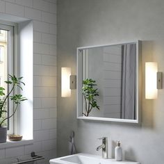 a white sink sitting under a bathroom mirror next to a potted plant on a window sill