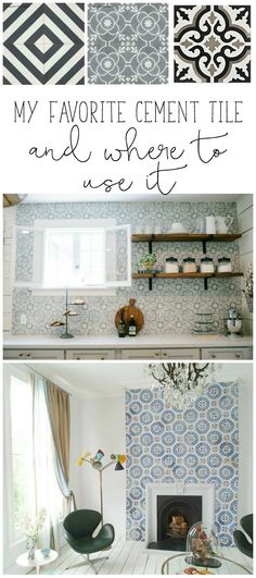 a living room with blue and white tiles on the wall, fireplace and shelves in front of